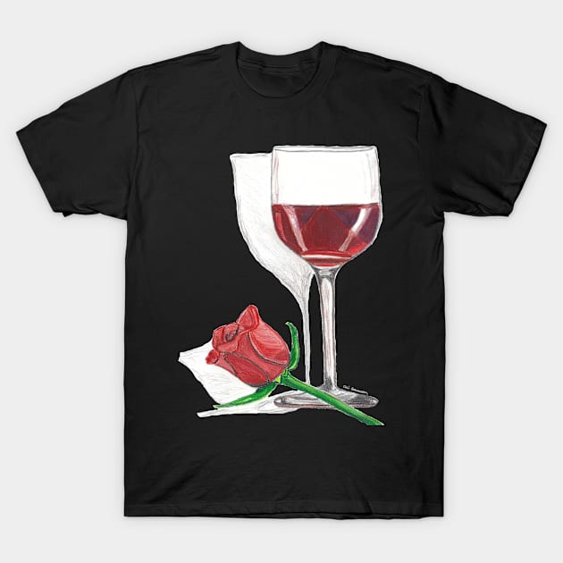 Love is in the Air Wine Glass and Rose Hand Drawn Design T-Shirt by Ali Cat Originals